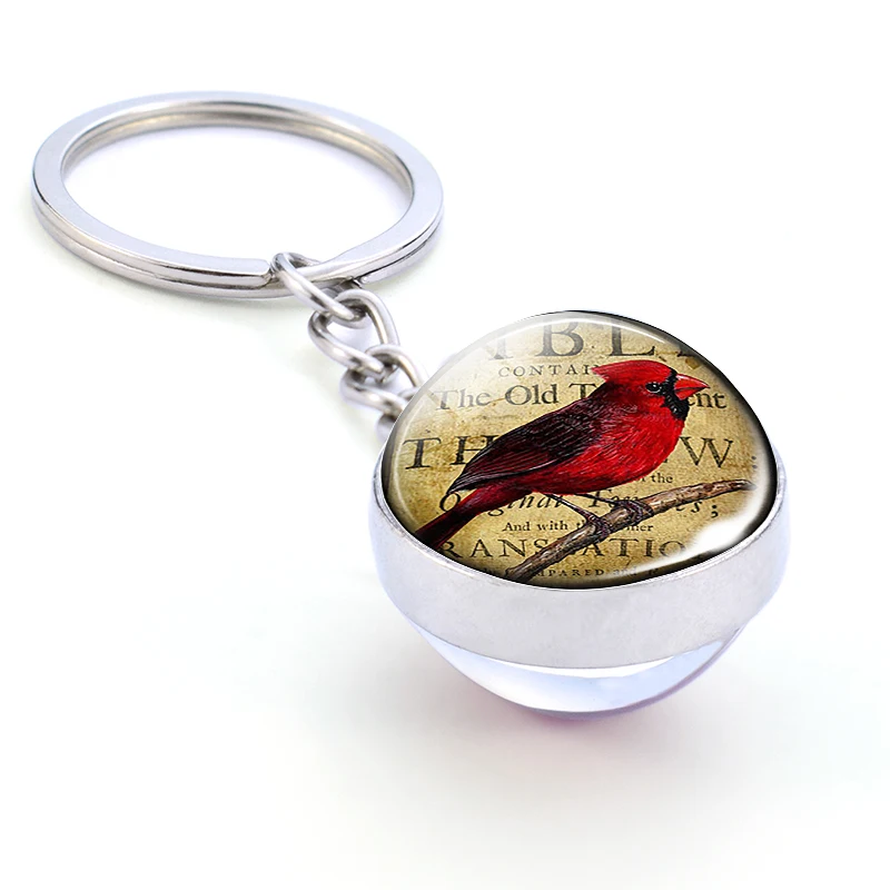 Cardinal Grosbeaks Dragonfly Glass Ball Key Rings Red Bird Art Pendant Double Sided Keychain Jewelry Accessories