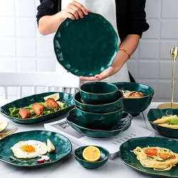 High-grade Phnom Penh Green Ceramic Plates Ceramic Tableware Set Phnom Penh Plate Shaped Salad Bowl Home Kitchen Tableware