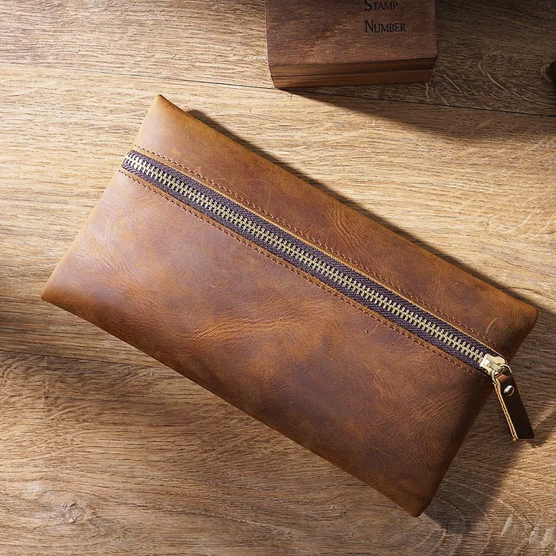 Fromthenon Crazy Horse Leder Retro Zipper Stift Fall Portable Storage Tasche Große Kapazität Bleistift Fall Anpassbare Business Geschenke