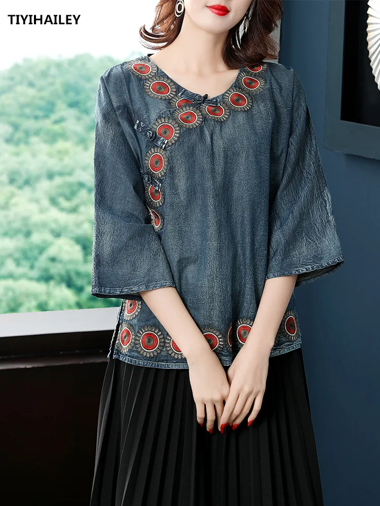 

TIYIHAILEY Free Shipping Fashion Cotton Denim Shirts For Women Three Quarter Sleeve Embroidery Blouses Tops S-L Chinese Style