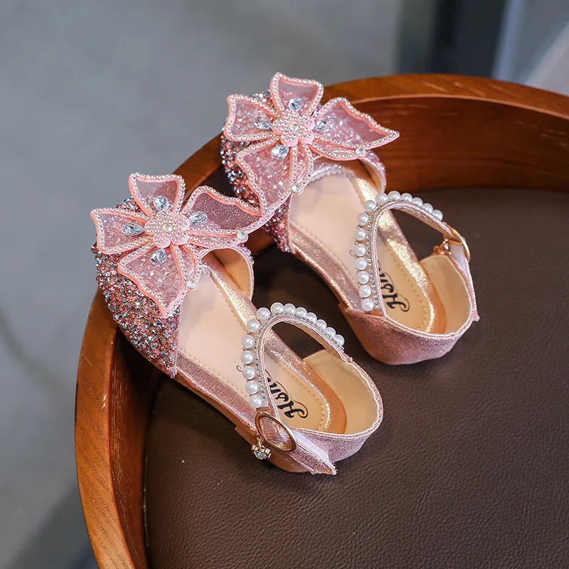 Summer Girls Shoes New Princess Kids Sandals Bling Dance Party Shoes Pearls Bow Kids Child Flats Sandals E800