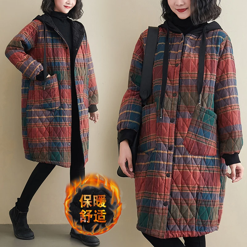 New Winter Quilted Plus cotton Jacket Women Streetwear Warm Loose Vintage Plaid Stitching Outwear Casual Long Hooded Coat Female