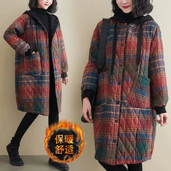 New Winter Quilted Plus cotton Jacket Women Streetwear Warm Loose Vintage Plaid Stitching Outwear Casual Long Hooded Coat Female