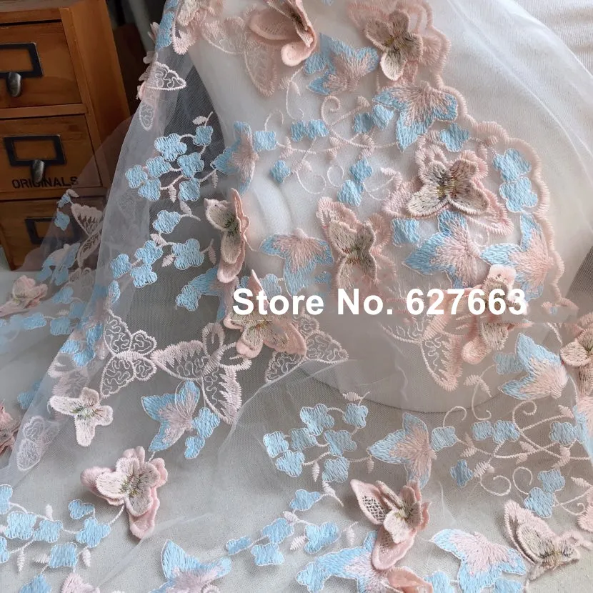 1meter 3D butterfly flower embroidery lace fabric heavy handmade clothing skirt dress net gauze fabric