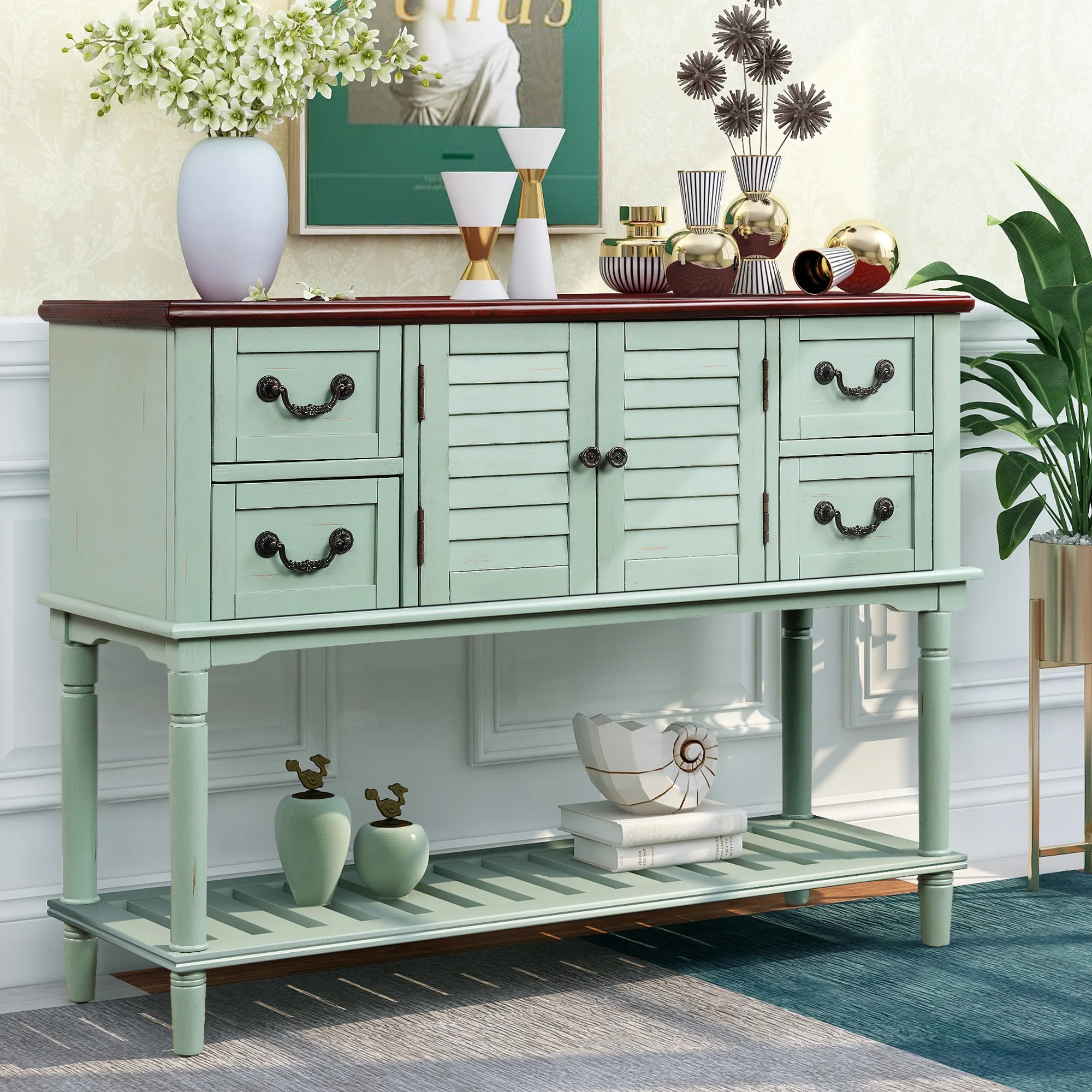 Two Colors End Table Console Table Sideboard for Entryway Sofa Table with Shutter doors and 4 Storage Drawers US Warehouse