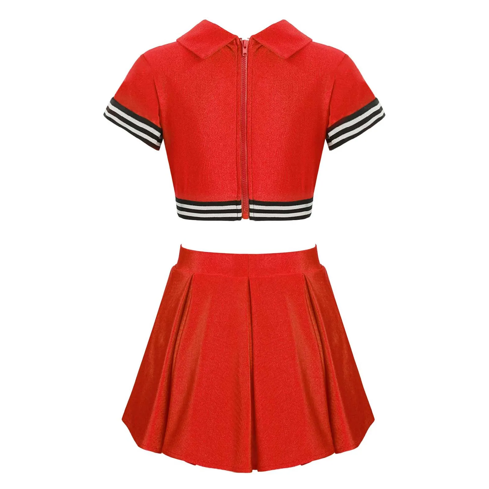 Kids Girls Cheerleading Uniform Cheerleader Outfit Letter Print Zipper Closure Back Crop Top with Elastic Waistband Skirt