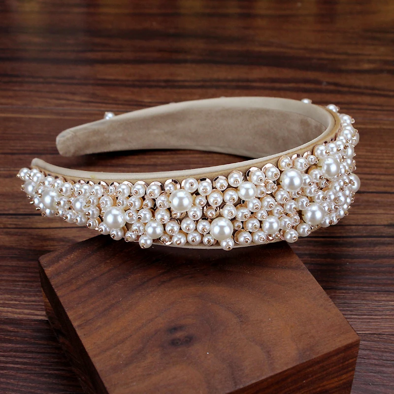 Wide Elegant Handmade Full Pearl Bridal Headband For Women Beaded Hairband Girls Wedding Hair Accessories