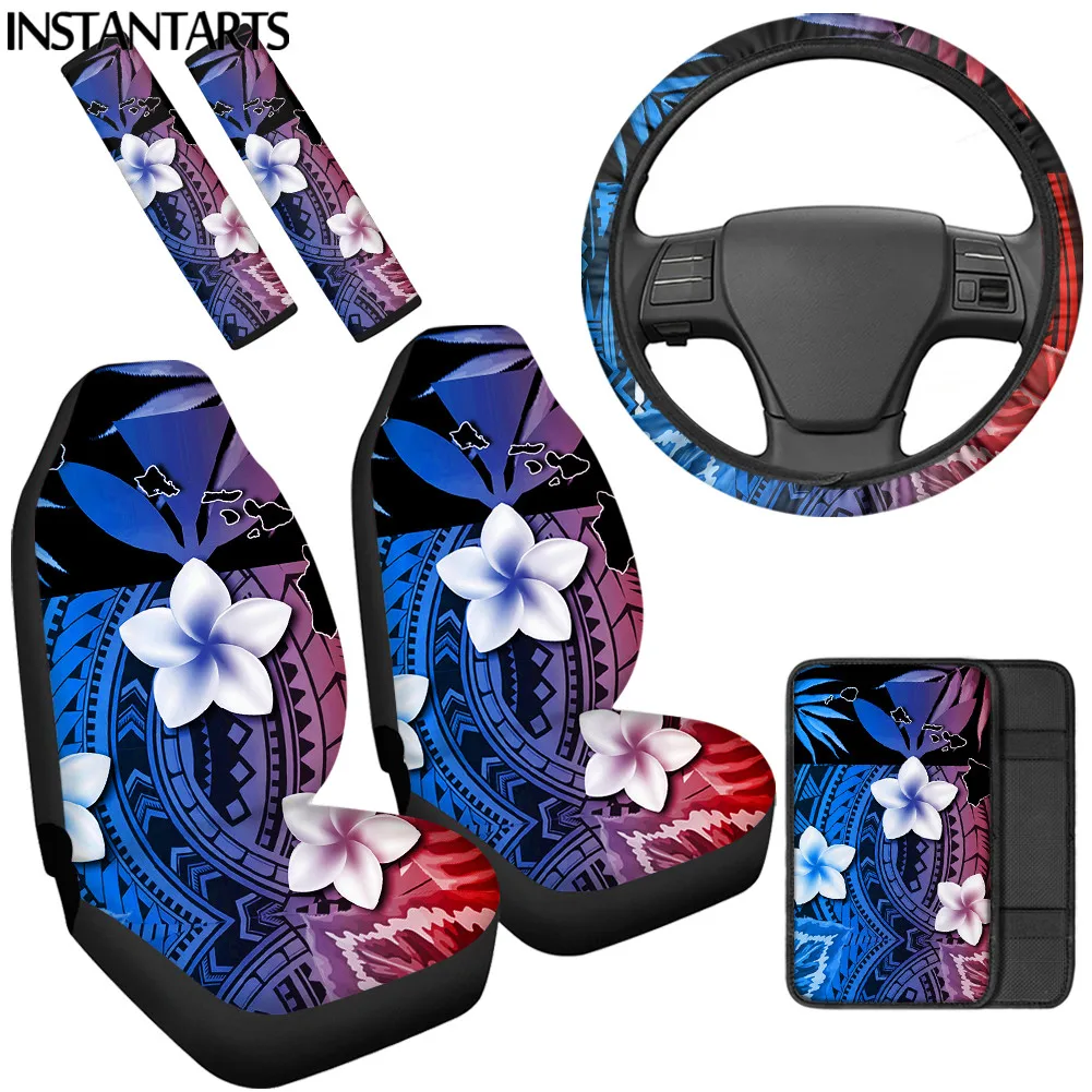 

INSTANTARTS Polynesian Tribal Hibiscus Print Soft Front Seat Cover Washable Seatbelt Cover Car Center Cover Steering Wheel Cover