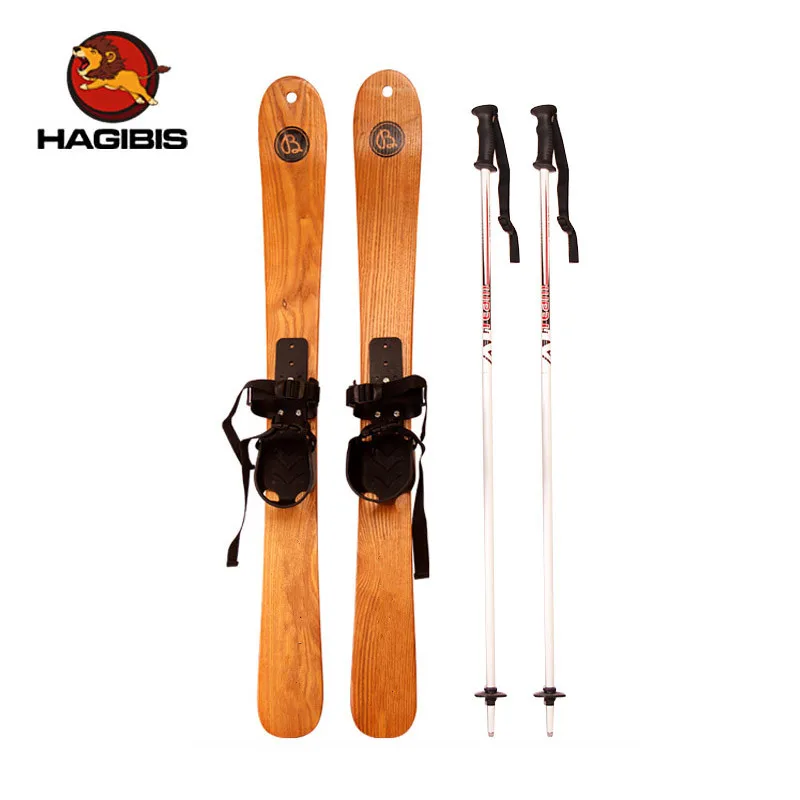 HAGIBIS Beginner Snow Skis and Poles Willow Wooden Snowboard  110cm/130cm x 7cm, Outdoor Snow Sled