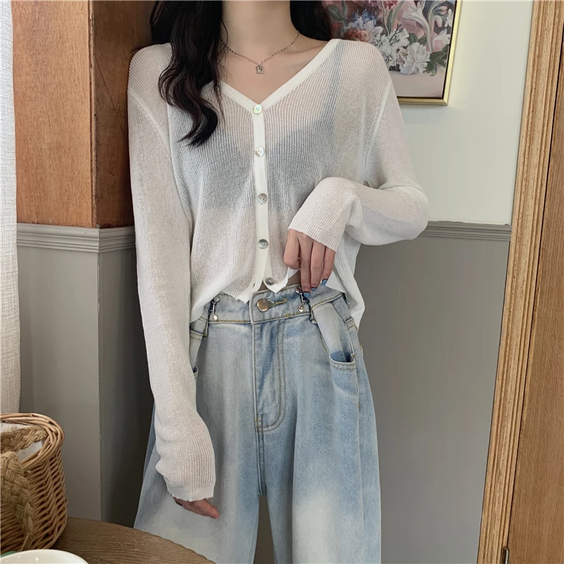 Summer Cardigan Long Sleeve Knitted Sweater Women Korean Short  Sunscreen Cropped Cardigan Loose V-neck Solid Color Thin Tops