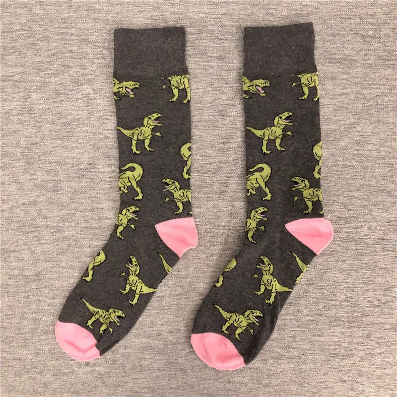 Happy Funny Adult Mid Calf Crew Socks Sport Tyrannosaurus Rex Dinosaur Fire Jurassic Period Park French Fries Play Basketball