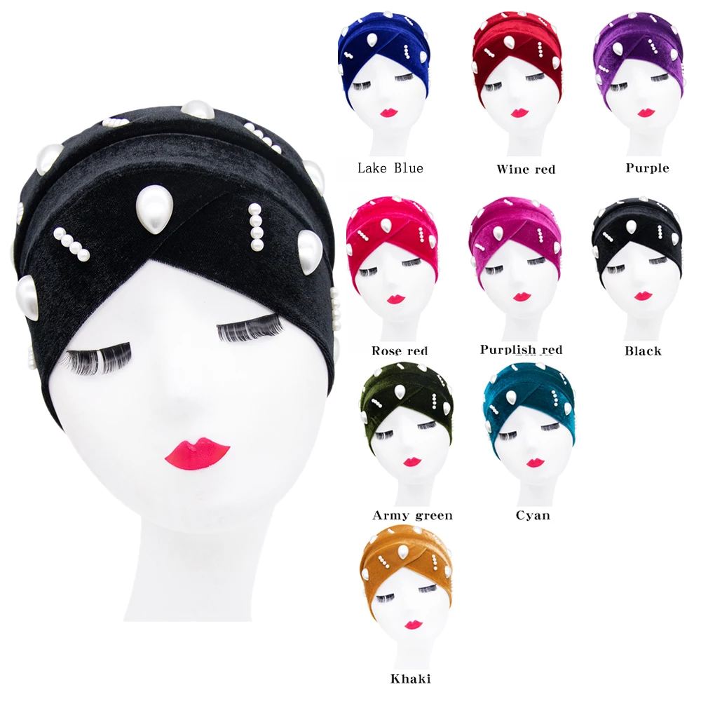 Turban Hijab Hijab Caps Musulman For Women 솔리드 여성 Hijab Beading Wrap Cap Indian 이마 Cross Turban Hat Chemo Cap