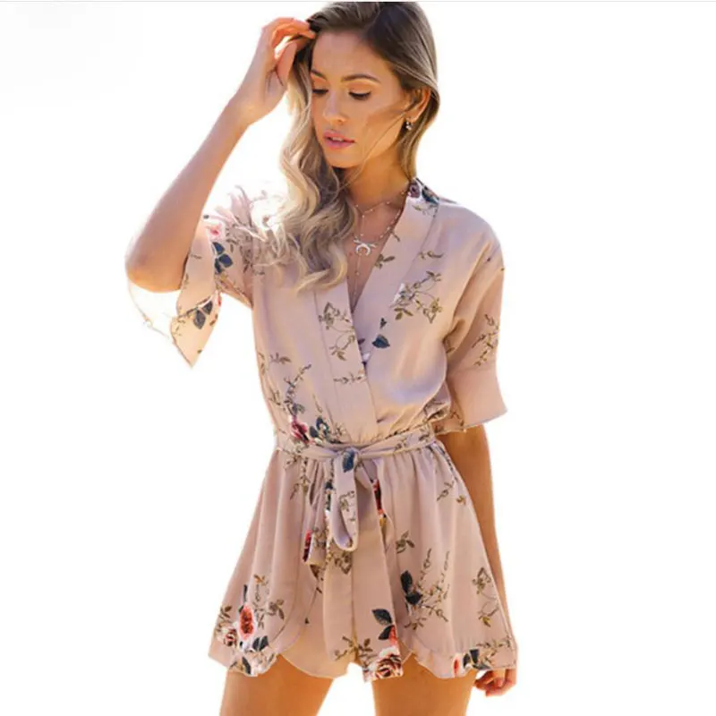 Bella Philosophy summer floral print short sleeve ruffles women playsuit jumpsuit rompers beach style short overalls