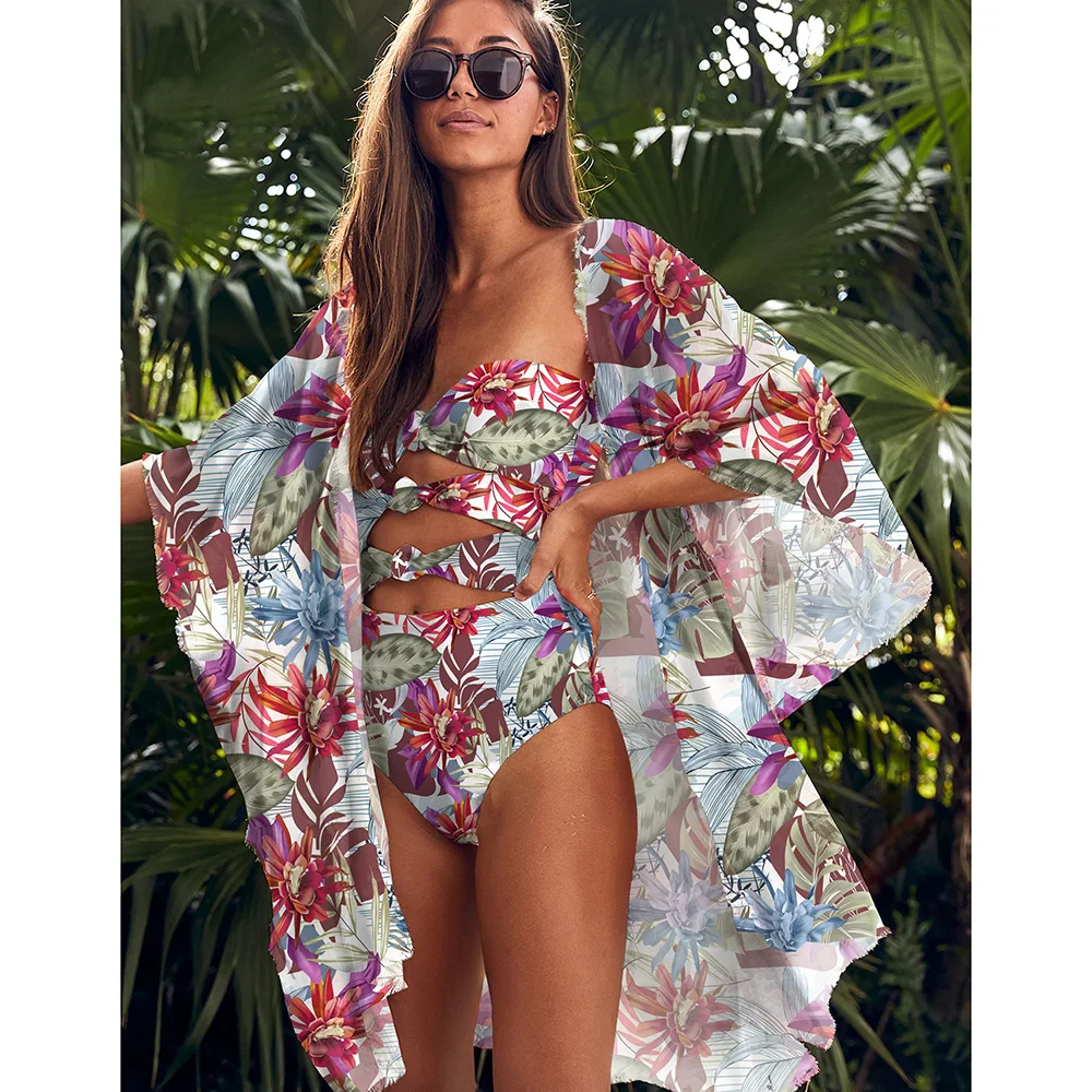 Maillot De Bain 4 Pièces Fille - Imprimé Tropical - Protection UV + Cover-Up Jupe - 8-12 Ans