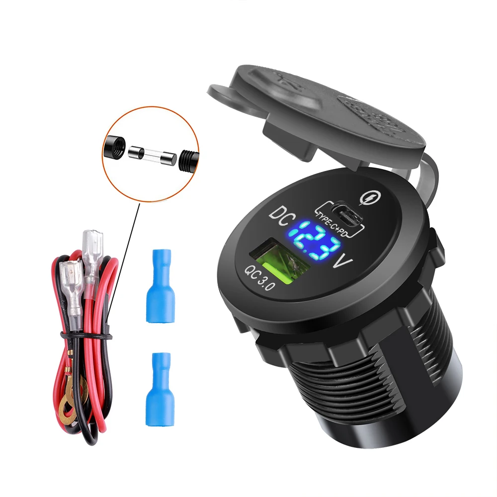 

PD QC3.0 Quick Charger Dual USB Power Outlet Digital Voltage Display Type C Socket Waterproof for 12V 24V Car Boat Motorcycle