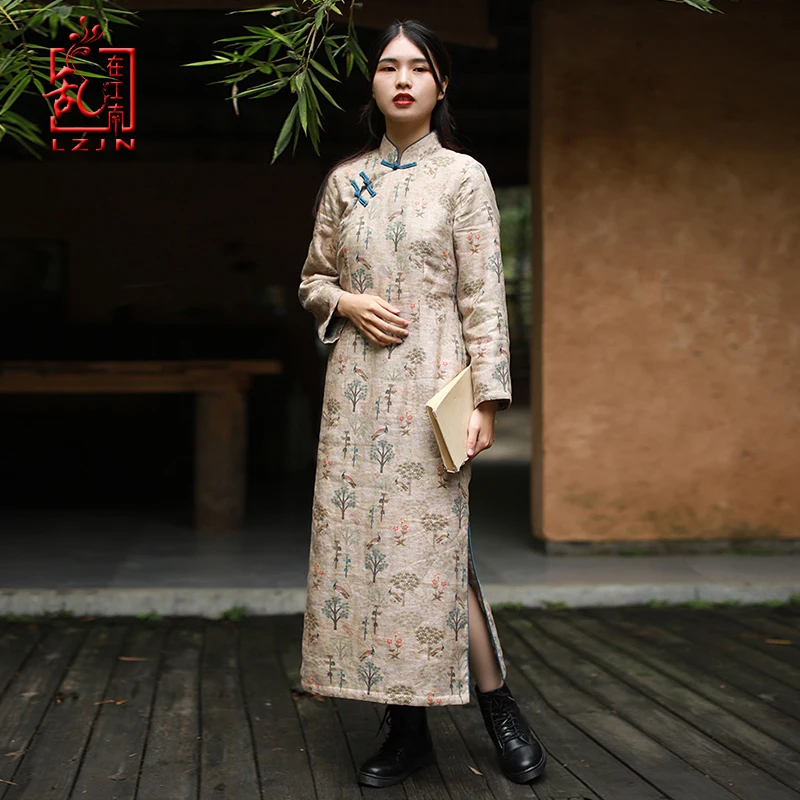 LZJN-Long Sleeve Chinese Style Dress for Women, Stand Collar, Vintage Cheongsam, Warm Fleece Qipao, High Quality, Winter