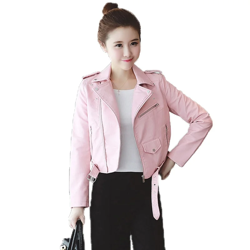 

Autumn Winter New Fashion Brand Pink Blue Women Leather Jackets Soft Pu Faux Leather Coats Slim Short Design Motorcycle Outwear