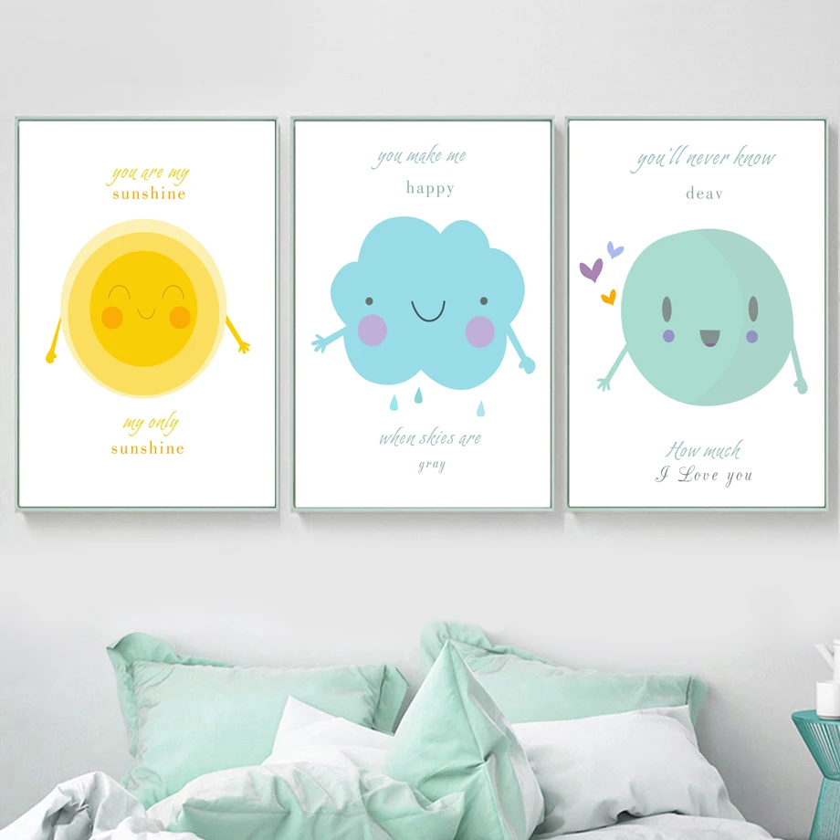 

Cartoon Sunshine Cloud Raindrop Minimalism Wall Art Canvas Painting Nordic Posters And Prints Wall Pictures Baby Kids Room Decor