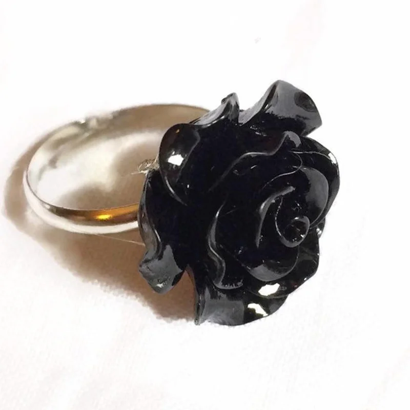 New Goth Black Flower Adjustable Ring Resin Shape Metal Romantic Gorgeous Engagement Vintage Jewellery Women Gift Halloween