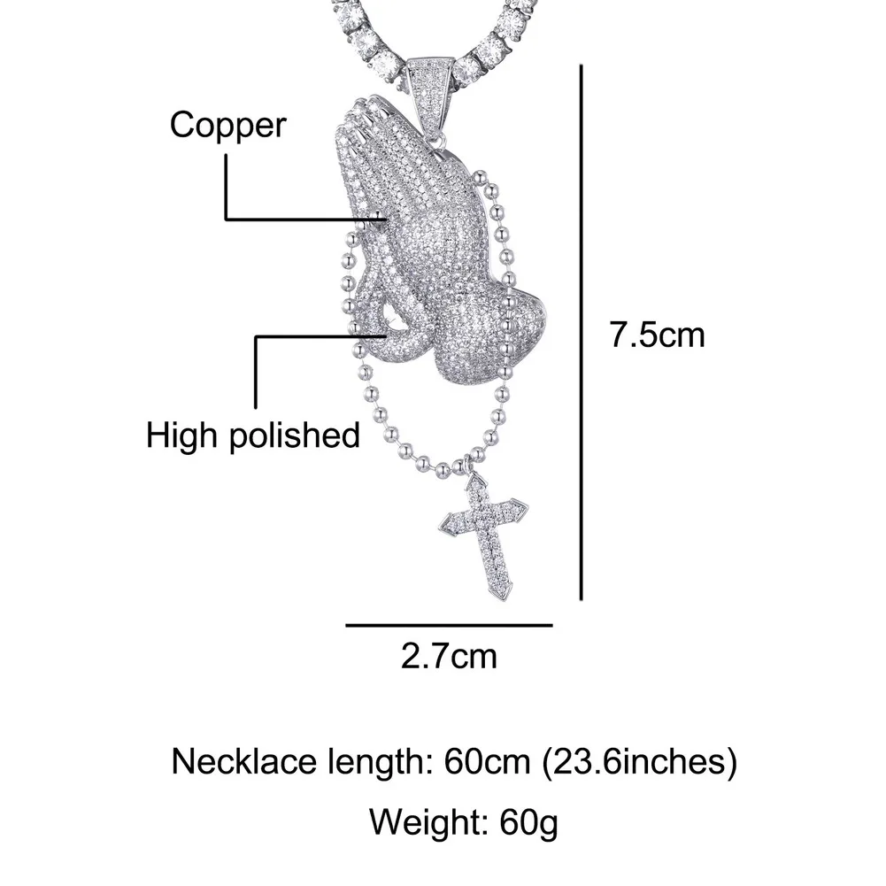 Ice Out Cubic AAA+ Zircon Praying Hands Cross Pendant Necklace with Rope Chain Hip Hop Gold Silver Color Charm Jewelry for Men