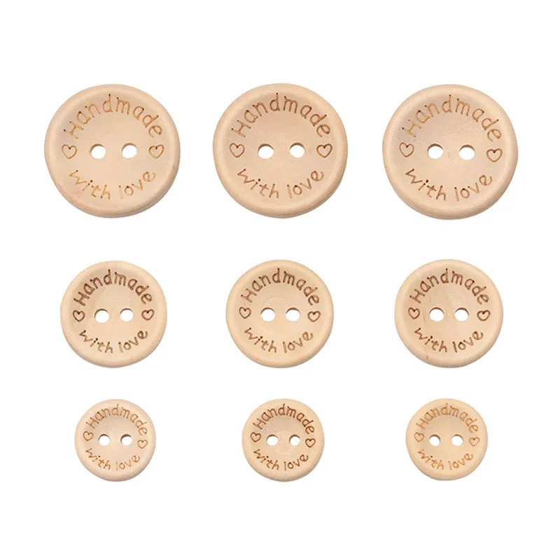 2-Holes Mixed Wood Buttons Natural Color Round Handmade With Love Sewing Scrapbooking Button DIY Clothes Making Buttons,140Pcs