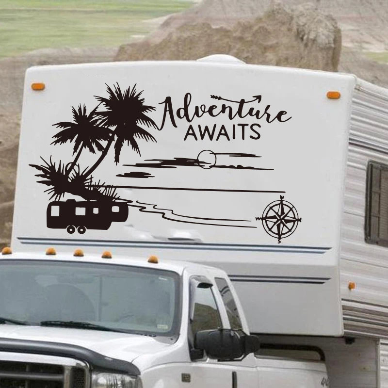 Large Camper Rv Adventure Awaits Compass River Sticker Decal Nature Explore Travel Ocean Palm Tree Motorhome Car Decals Stickers