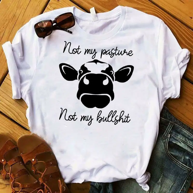 Summer White Casual Short Sleeve Girl Funny Female Clothes Tops Bandana Cow Print Women Tshirt Casual Funny T Shirt