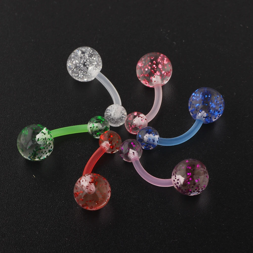 JUNLOWPY 14g Flexible Bioplast Acrylic Belly Button Rings Ear Piercing Glitter Navel Barbell Tragus Earrings Body Jewelry 1/6pcs