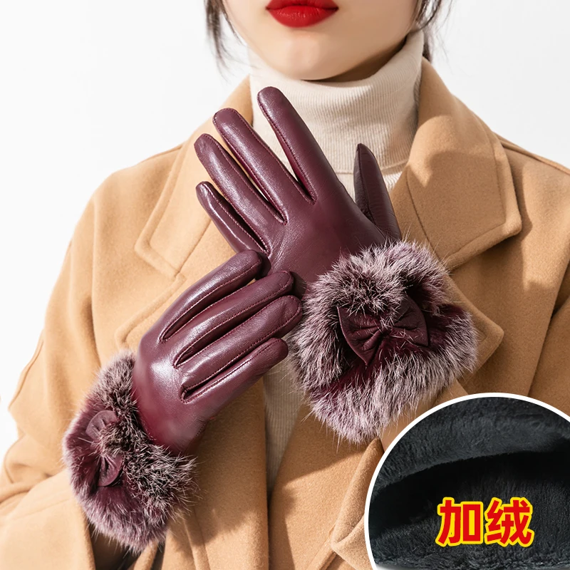 Real Leather Gloves Female Autumn Winter Plus Velvet Thicken Driving Sheepskin Thermal Touchscreen Rabbit Fur Women Gloves H3535