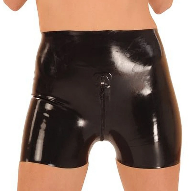 Black Latex Boxer Shorts Front Crotch To Back Waist Zippers Rubber Panties Underwear Briefs Bottoms Plus Size DK-0212