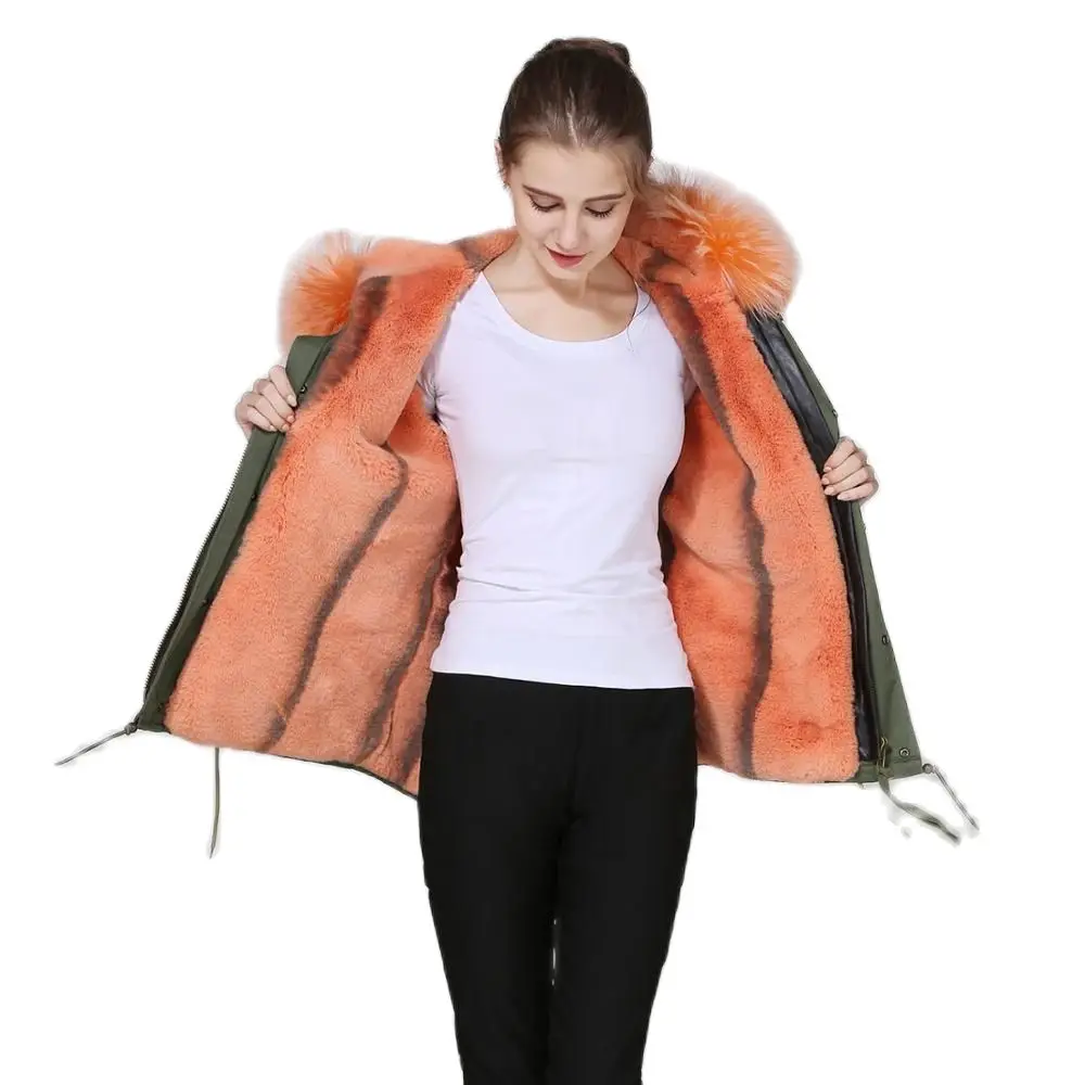 MEIFNG-Parka de piel sintética verde militar para mujer, abrigo bonito con forro naranja, de alta calidad para invierno