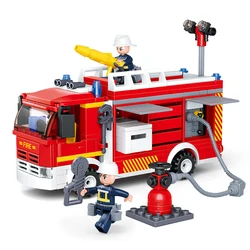 SLUBAN 2021 City Fire Fighting Truck Car Vehicle Police Firemen Figures Hero Building Blocks Bricks Assemble Children Toys Gift