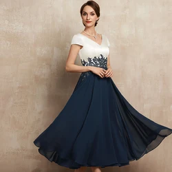 Chic Chiffon Tea Length Mother Of The Bride Dress For Woman Short Sleeves A Line With Applique Elegant Wedding Guest Gown 2022