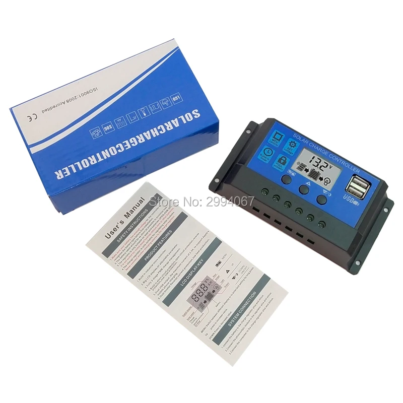 10A 20A 30A 12V 24V Auto Solar cells Panel Battery Charge Controller PWM Solar PV Regulators LCD Display 5V USB