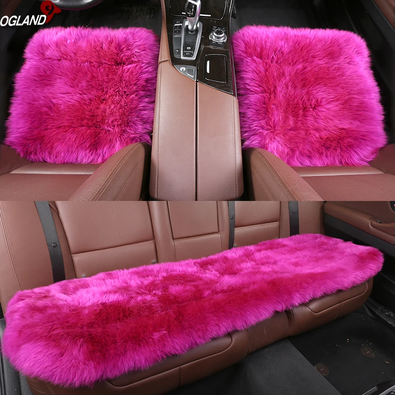 OGLAND Hotsale Long Wool Leather car seat cover set for adult Fur Cushion vehicle accesorios Para Auto Australian Sheepskin 3pcs