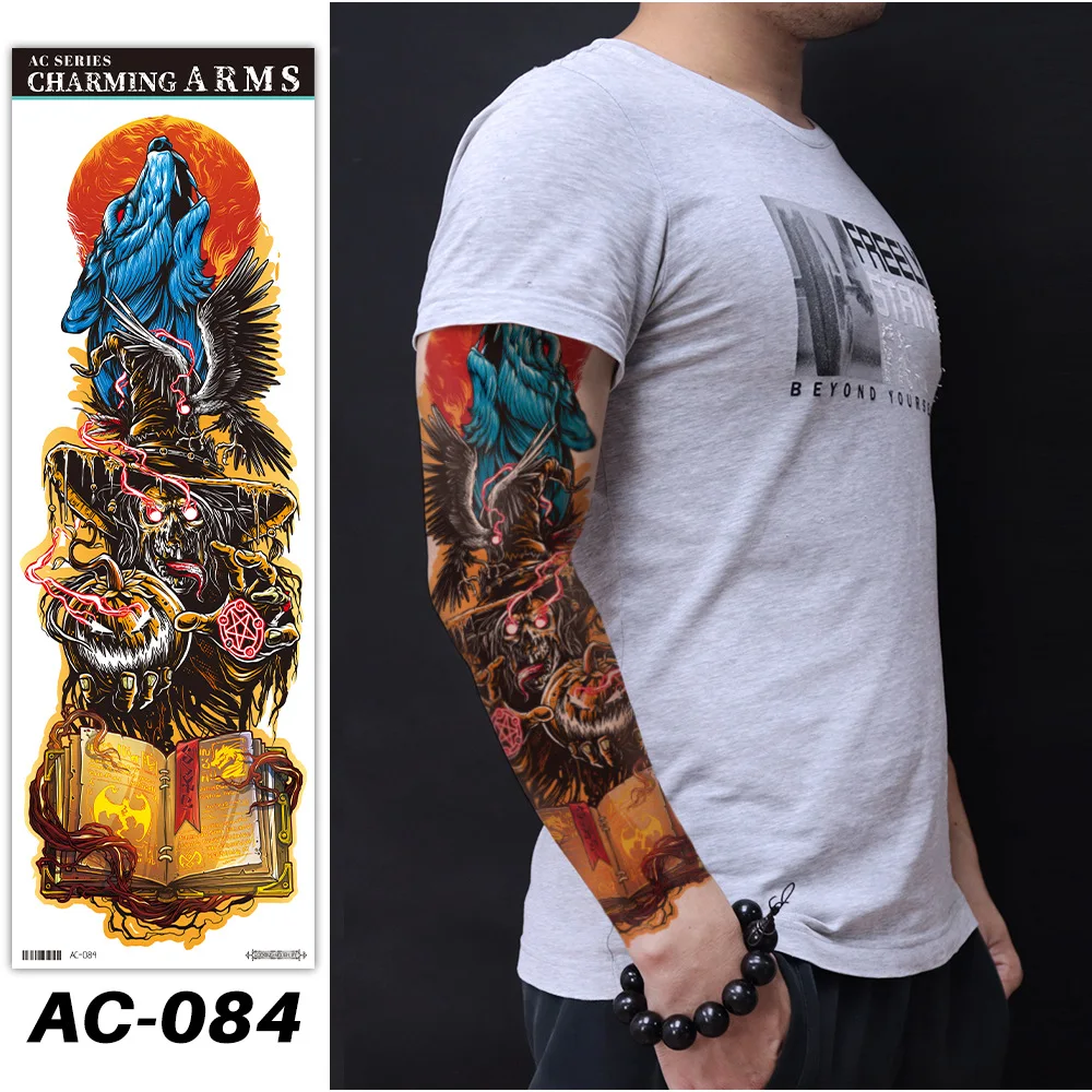 Halloween Tattoo Sticker Full Sleeve Arm Waterproof Temporary Tattos Pumpkin Ghost Skull Darkness Makeup Body Water Transfer