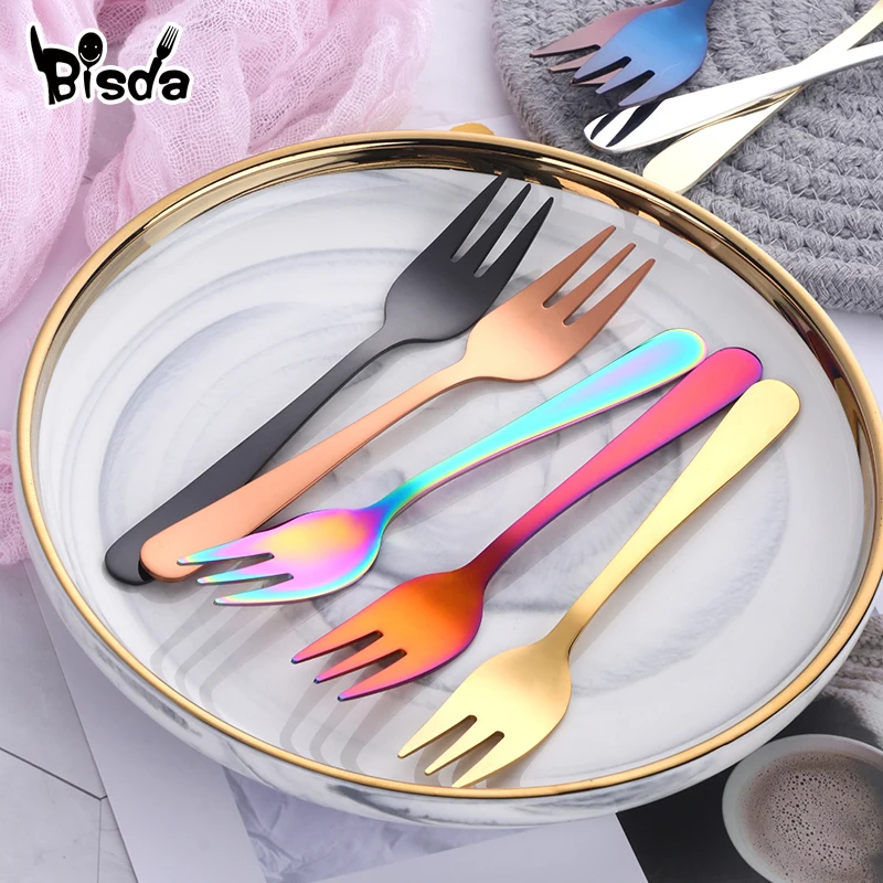 

9 Colors Cake Fork Stainless Steel Gold Forks For Fruit Salad Small Rainbow Fork Useful Dessert Fork for Snack Dinnerware