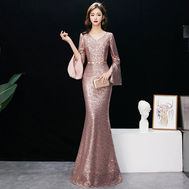 Evening Dress Rose Gold Shining Sequin V-neck Formal Evening Dresses Mermaid Long Full Sleeve Elegant Gowns Robe De Soiree K120