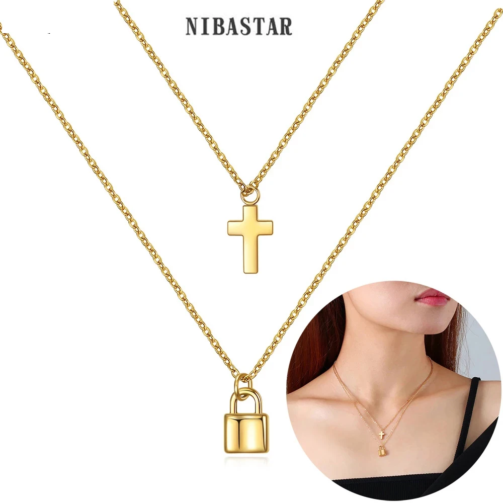 Unique Stainless Steel  Double Chain Cross Lock Charm Pendants Choker Necklaces For Women Girls Jewelry