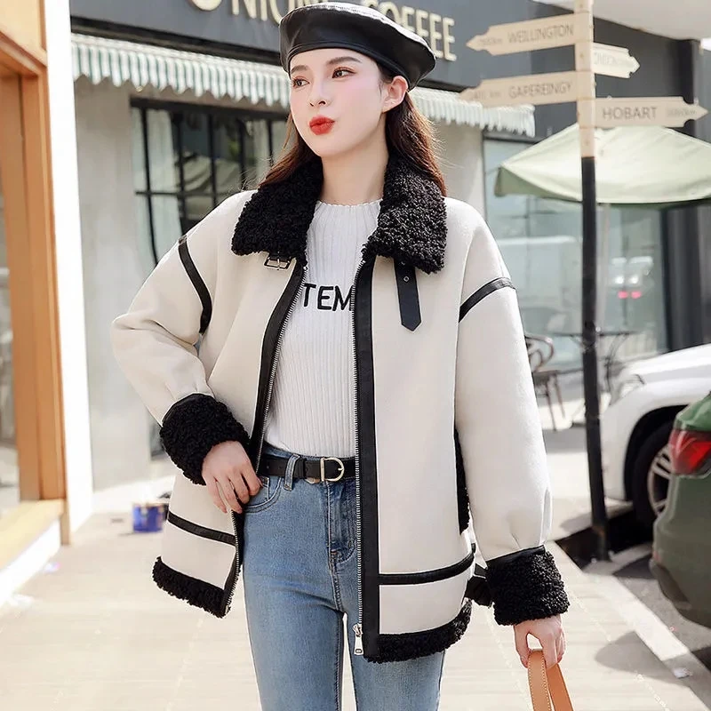 Lamb Wool Coat Women\'s Short Winter 2024 Loose Faux Fur Jacket All-Match Plus Velvet Thick Motorcycle Jacket Ladies Zipper Tops