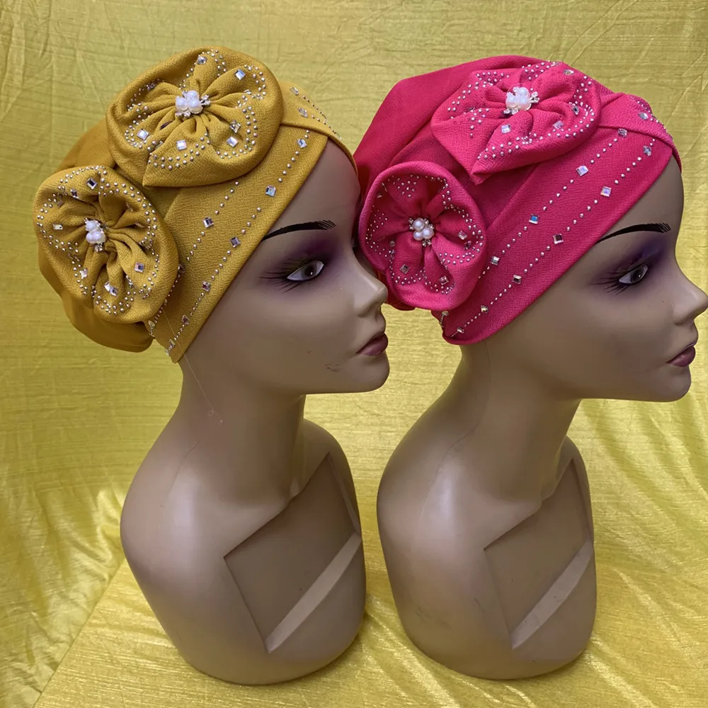 Elegant Flower Turban Hats Women Cap Beaded For Scarfs Head Wrap Headband Girl Hair Accessories Lady Hats 12pcs/pack