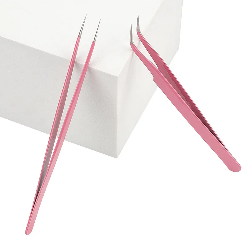 1Pcs Pink Stainless Steel Eyelash Tweezers Anti-static Non-magnetic Professional Pincet 3D Lashes Extension Tweezer Makeup Tools