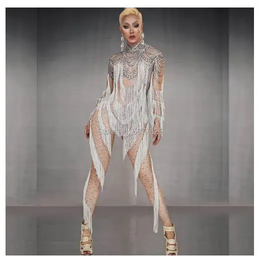Rhinestone White Tassel Long Sleeves Jumpsuit nude bodysuits Women singer stage show bodysuit