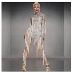 Rhinestone White Tassel Long Sleeves Jumpsuit nude bodysuits Women singer stage show bodysuit