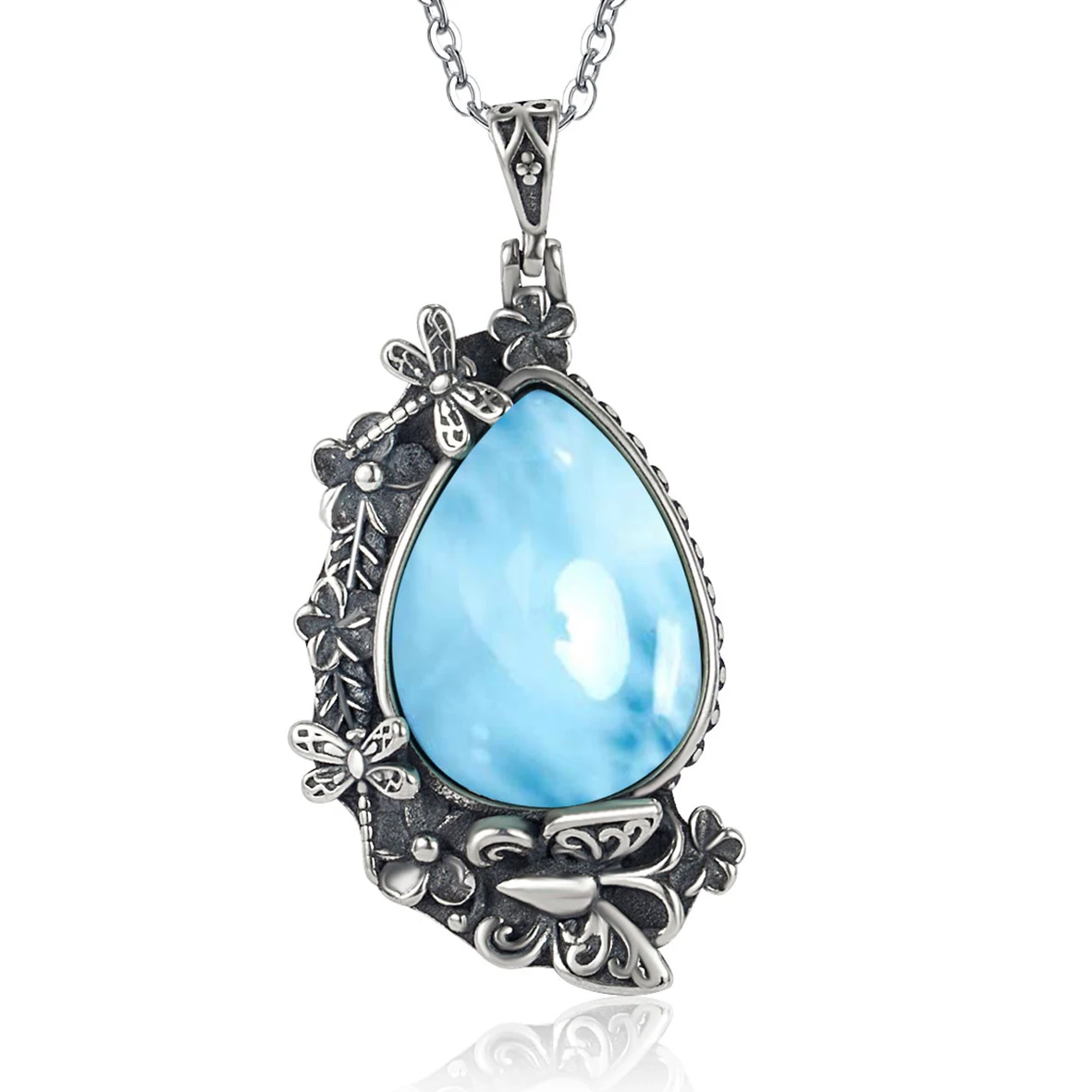 

925 Sterling Silver Vintage Natural Unique Design Natural Larimar Gemstone High Polished Pear 18*13mm Pendant