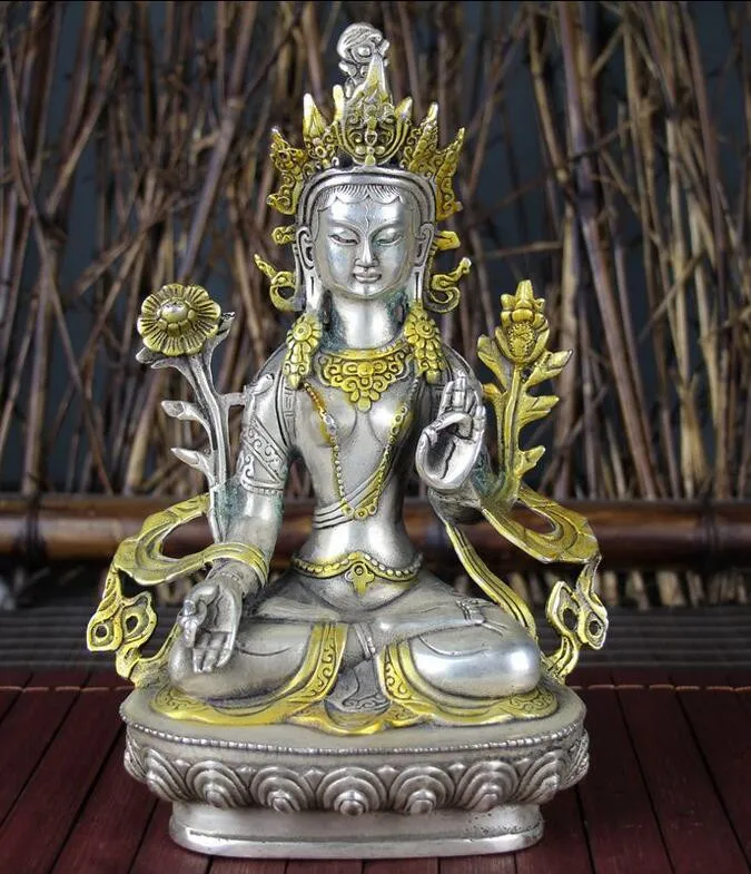 

Collect archaize white copper handicraft Green tara Buddha statue