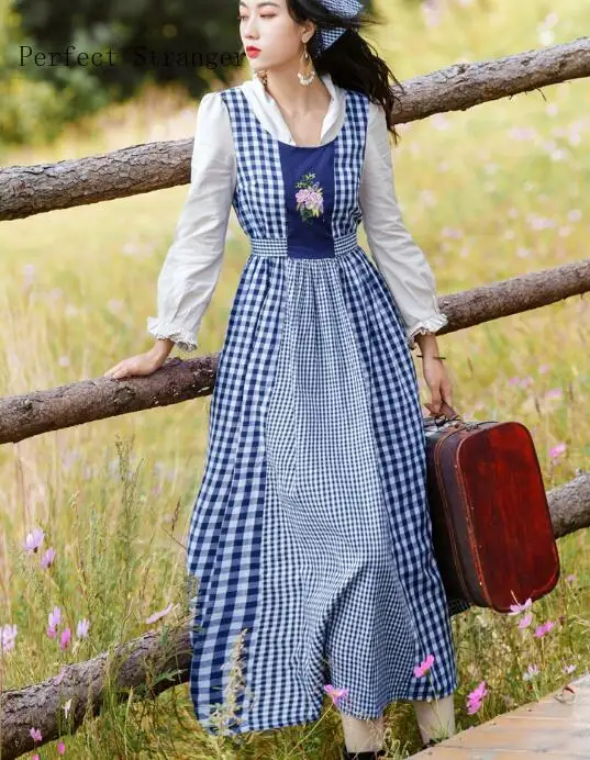 High Quality Princess Style 2021 Spring New Arrival V Collar Long Sleeve Plaid Flower Embroidery Woman Long Cotton Dress