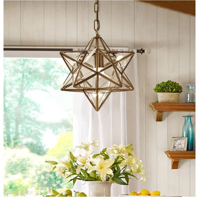 Imagem -03 - Nordic Full Copper Star Glass Pendant Lamp Geométrica Bronze Retro Luminárias Penduradas Decoração de Casa Bares Café Corredor