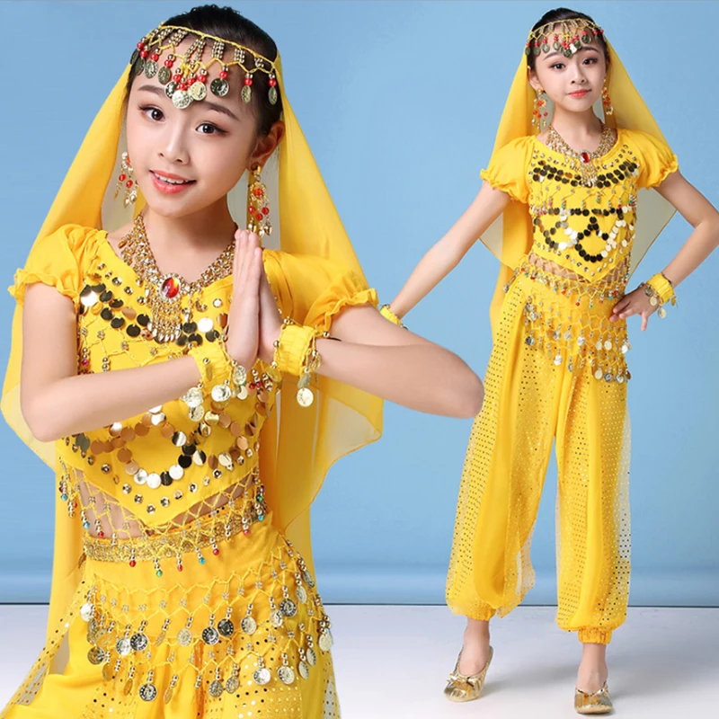 New Kids Bollywood India Belly Dance Costumes Set Oriental Bellydance Girls Dancer Top Bandage Dresses Hip Scarf Coin Clothes