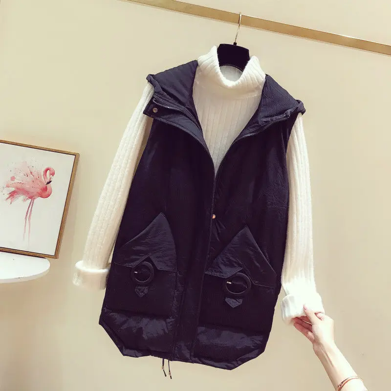 Women's down cotton vest mid-length 2024 autumn and winter plus size loose fashion thick hooded women brand down jackets